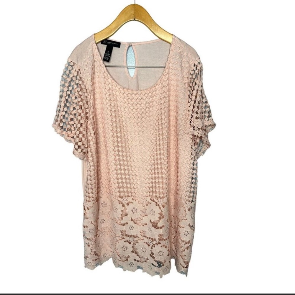 INC Women's 2X Pink Blouse Top Crochet Lace Embellished Short Sleeves Stretch